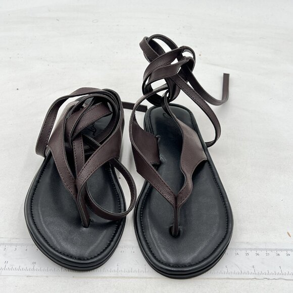 FOWT Dark Brown Split Round Toe Sandals Lace up Soft Flip Flop Comfortable Flats - Picture 3 of 8